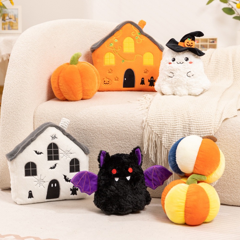 Halloween Plush Decorative Pillow Collection – Pumpkin, Ghost, Bat & Haunted House Cushions