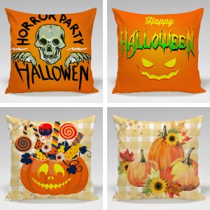 Halloween Decorative Cushion Cover Set – Pumpkin & Skull Print Throw Pillow Covers