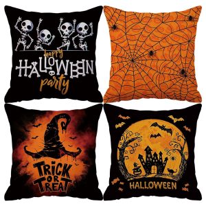 Halloween Decorative Cushion Cover Set – Skeleton, Spider Web & Haunted House Throw Pillow Covers