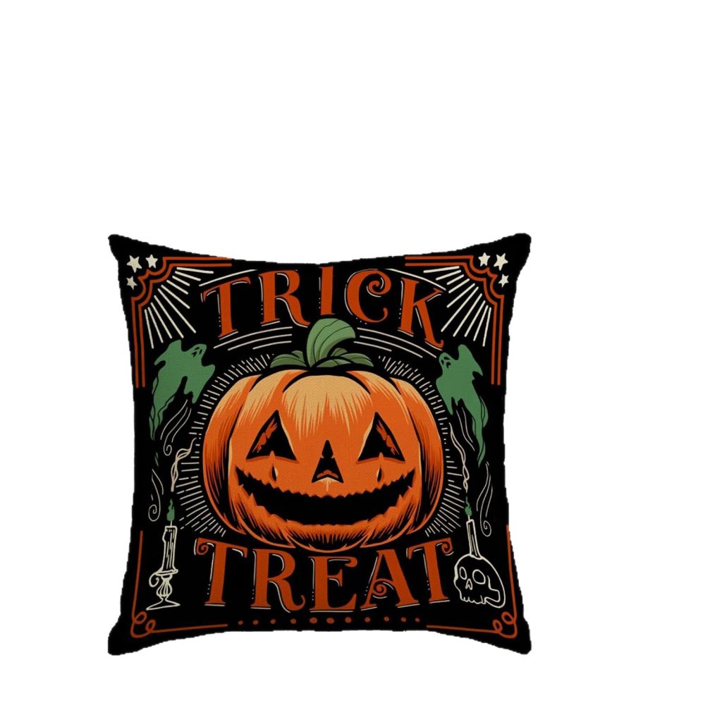 Vintage Halloween Cushion Cover – Pumpkin, Skeleton & Witch Decorative Throw Pillow Cover