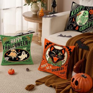 Vintage Halloween Cushion Cover – Pumpkin, Skeleton & Witch Decorative Throw Pillow Cover