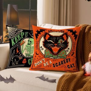 Vintage Halloween Cushion Cover – Pumpkin, Skeleton & Witch Decorative Throw Pillow Cover