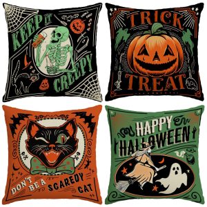 Vintage Halloween Cushion Cover – Pumpkin, Skeleton & Witch Decorative Throw Pillow Cover