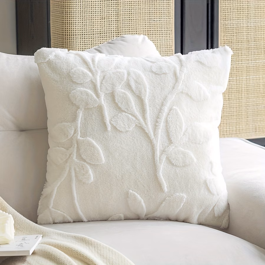 Floral Chenille Cushion Cover – Soft Embossed Leaf Decorative Throw Pillow Cover