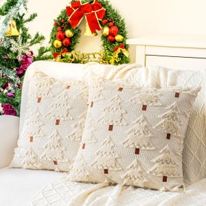 White Knitted Christmas Tree Embroidered Fabric