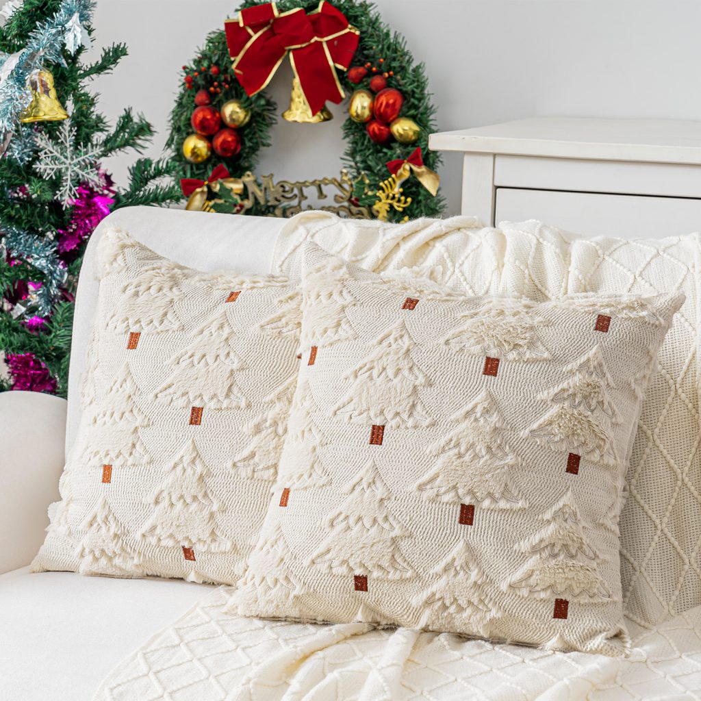 White Knitted Christmas Tree Embroidered Fabric