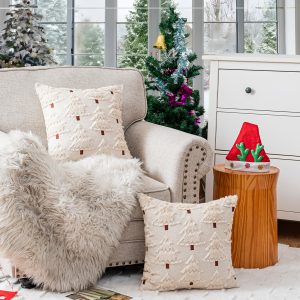 White Knitted Christmas Tree Embroidered Fabric